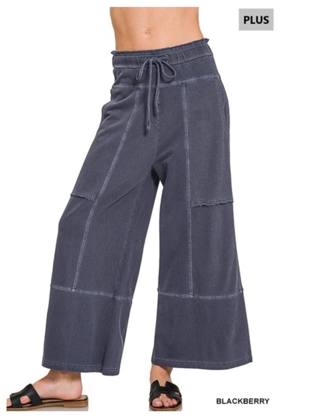 1X - 3X 384 ❤️Zenana blackberry PLUS FRENCH TERRY EXPOSED-SEAM WIDE LEG
PANTS